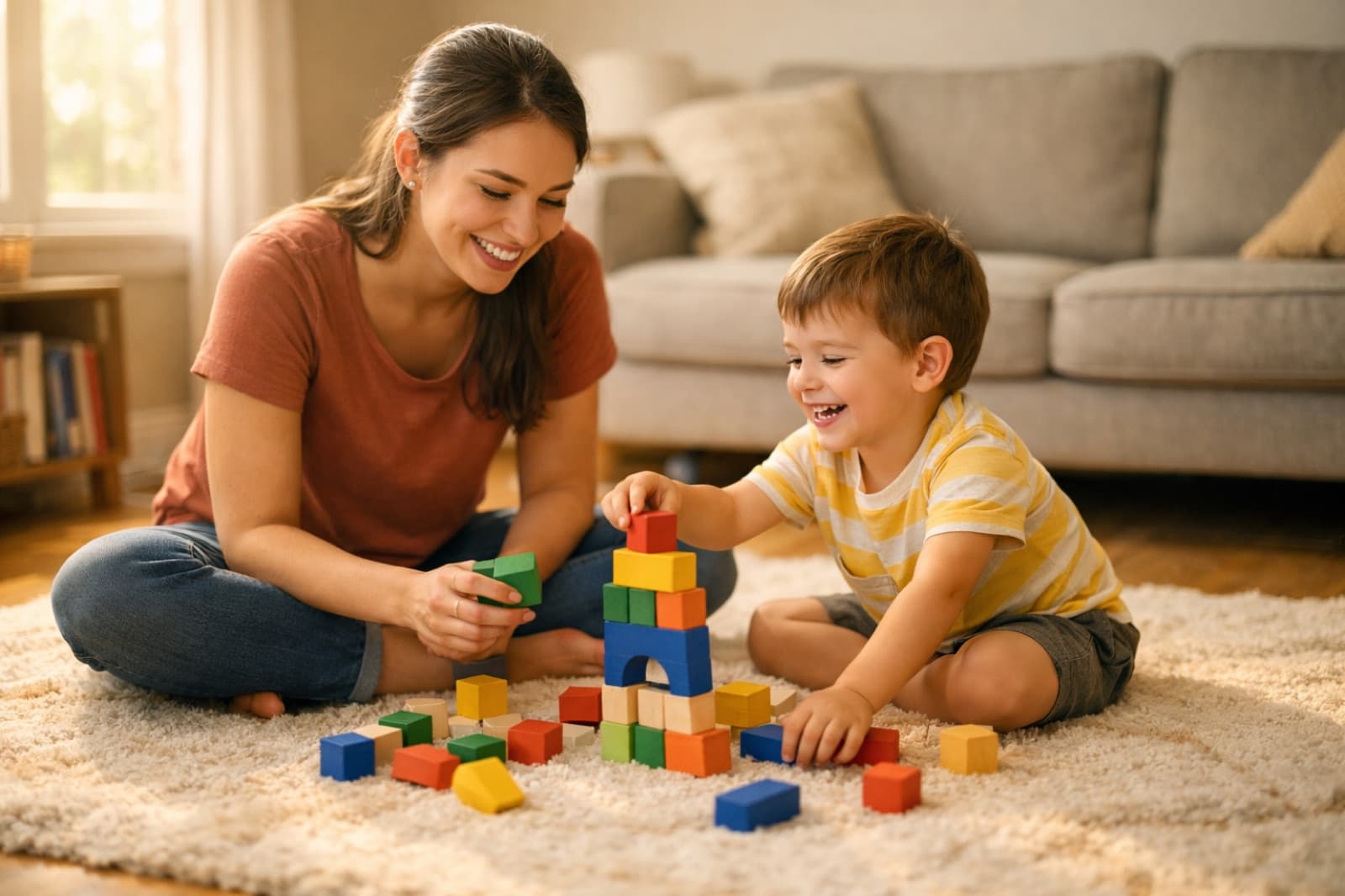 A boy laughing while building a block tower with his therapist