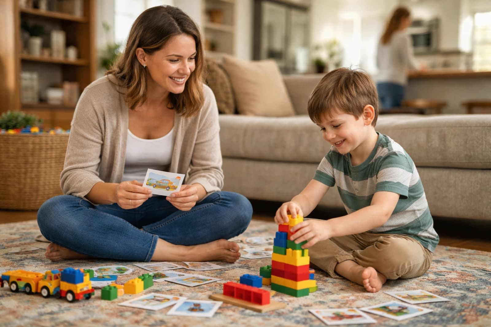 A Golden Touch therapist using picture cards with a boy during a home session