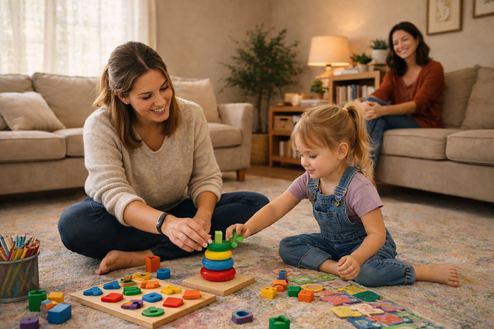 A Golden Touch therapist working with a young girl on the living room floor while her mom watches