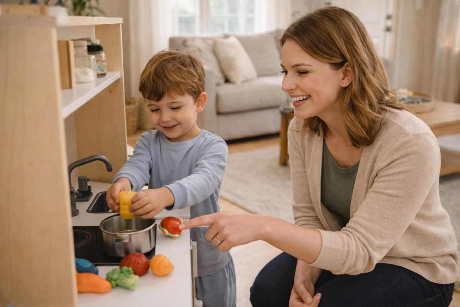 A boy practicing play skills at a toy kitchen while his therapist encourages him