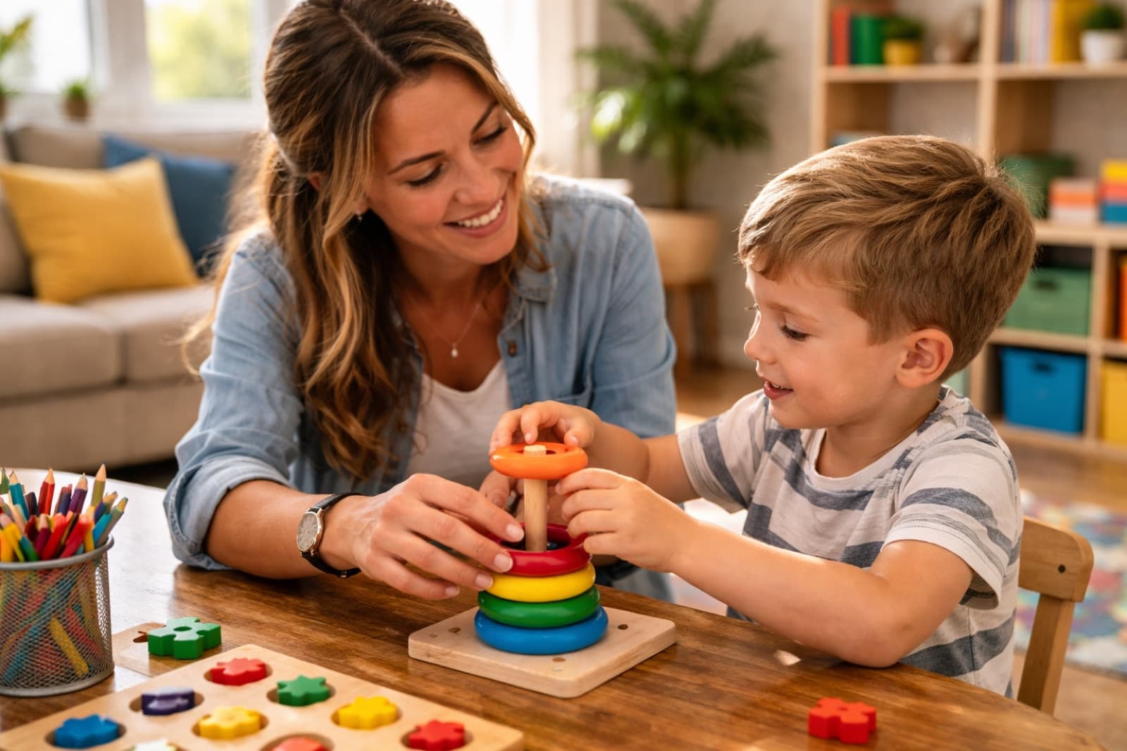 A therapist and a boy stacking colorful rings together during a session